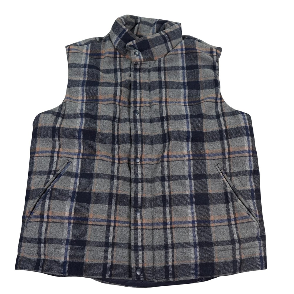 Gap Plaid Wool Puffer Vest Men Large Gray Plaid Wool Blend Quilted Gorpcore